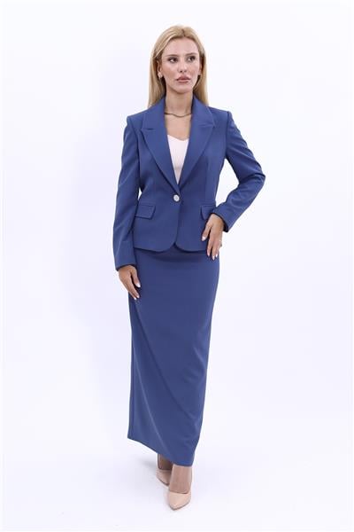 Erkek Yaka Tek Düğmeli Klasik Ceket & Uzun Düz Dar Etek-İndigo