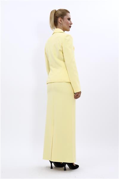 Erkek Yaka Tek Düğmeli Klasik Ceket & Uzun Düz Dar Etek-Sarı