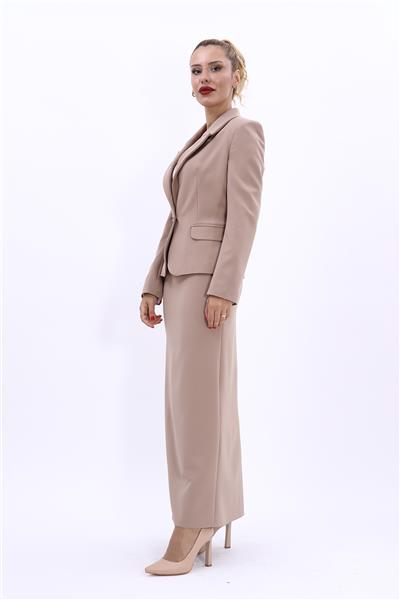 Erkek Yaka Tek Düğmeli Klasik Ceket & Uzun Düz Dar Etek-Taş