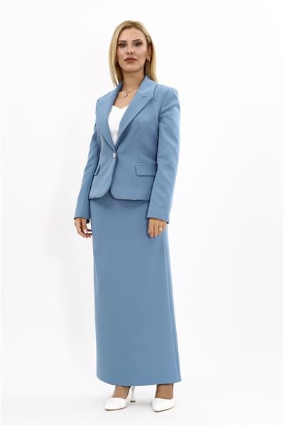 Erkek Yaka Tek Düğmeli Klasik Ceket & Uzun Düz Dar Etek-Deniz