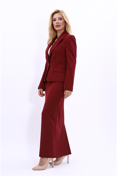 Erkek Yaka Tek Düğmeli Klasik Ceket & Uzun Düz Dar Etek-Bordo