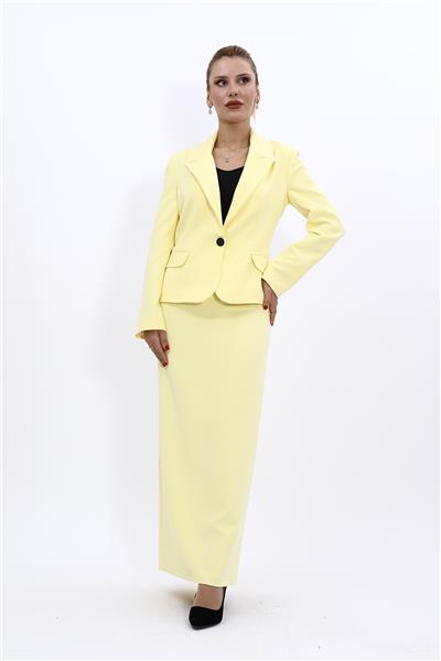 Erkek Yaka Tek Düğmeli Klasik Ceket & Uzun Düz Dar Etek-Sarı