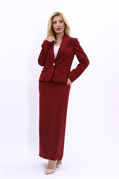 Erkek Yaka Tek Düğmeli Klasik Ceket & Uzun Düz Dar Etek-Bordo
