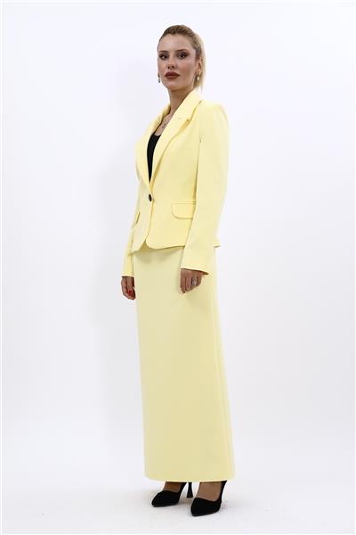 Erkek Yaka Tek Düğmeli Klasik Ceket & Uzun Düz Dar Etek-Sarı