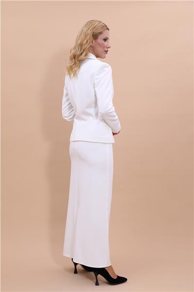 Erkek Yaka Tek Düğmeli Klasik Ceket & Uzun Düz Dar Etek-Beyaz