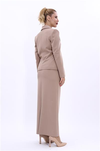 Erkek Yaka Tek Düğmeli Klasik Ceket & Uzun Düz Dar Etek-Taş