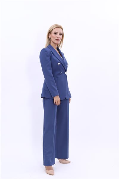 Erkek Yaka Torba Cepli Klasik Ceket &  Bol Paça Pantolon-İndigo