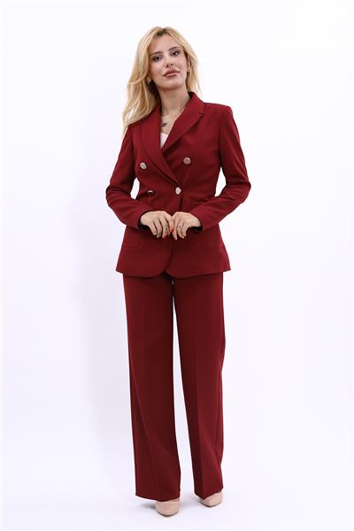 Erkek Yaka Torba Cepli Klasik Ceket &  Bol Paça Pantolon-Bordo