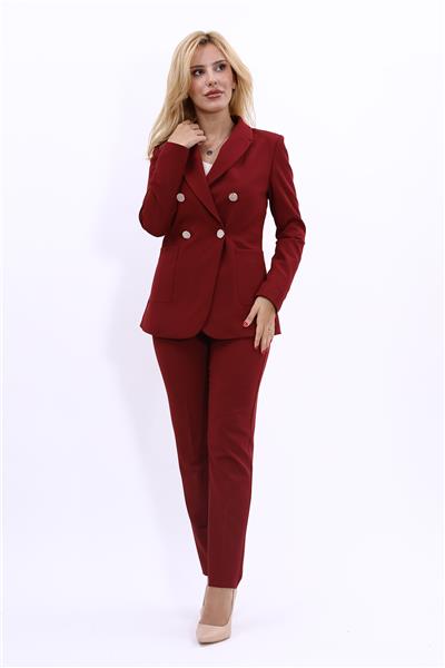Erkek Yaka Torba Cepli Klasik Ceket & Dar Paça Pantolon-Bordo