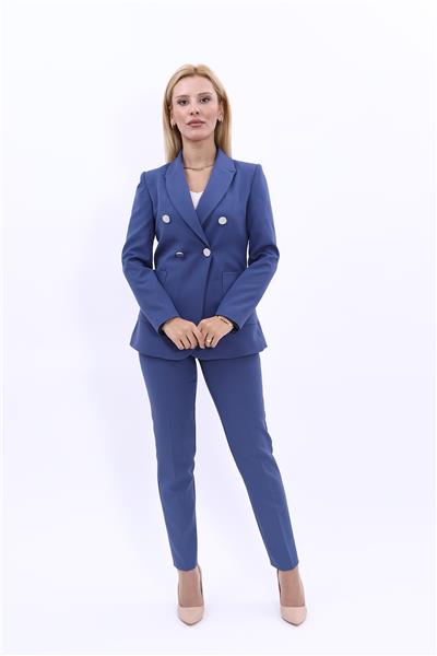 Erkek Yaka Torba Cepli Klasik Ceket & Dar Paça Pantolon-İndigo