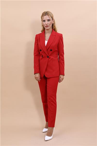 Erkek Yaka Torba Cepli Klasik Ceket & Dar Paça Pantolon-Kırmızı