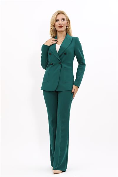 Erkek Yaka Torba Cepli Klasik Ceket &  İspanyol Paça Pantolon-Zümrüt