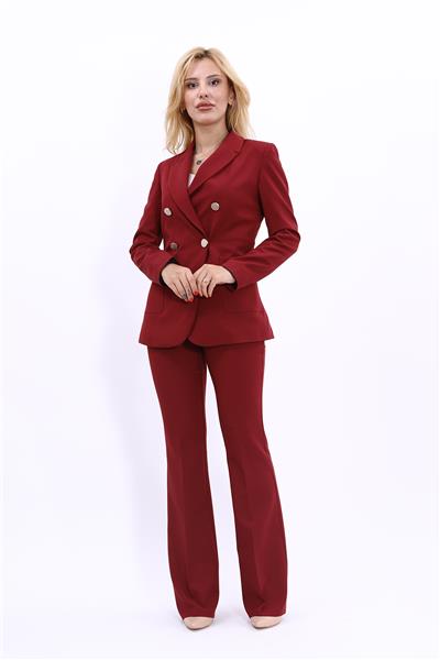 Erkek Yaka Torba Cepli Klasik Ceket &  İspanyol Paça Pantolon-Bordo
