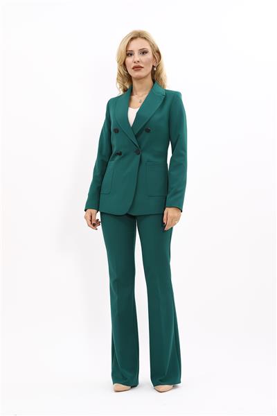 Erkek Yaka Torba Cepli Klasik Ceket &  İspanyol Paça Pantolon-Zümrüt