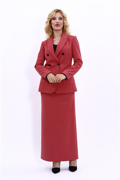 Erkek Yaka Torba Cepli Klasik Ceket &  Uzun Düz Dar Etek-Kiremit