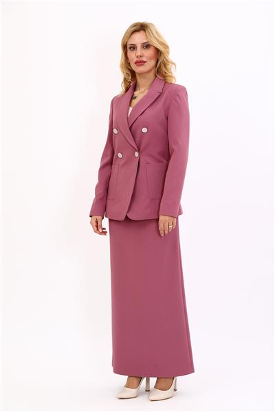 Erkek Yaka Torba Cepli Klasik Ceket &  Uzun Düz Dar Etek-Rose