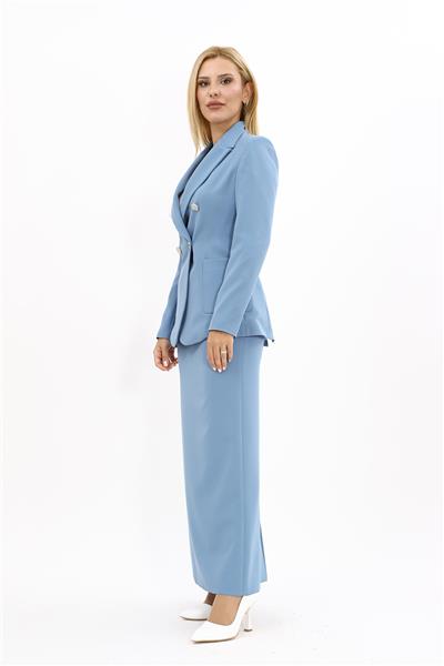 Erkek Yaka Torba Cepli Klasik Ceket &  Uzun Düz Dar Etek-Deniz