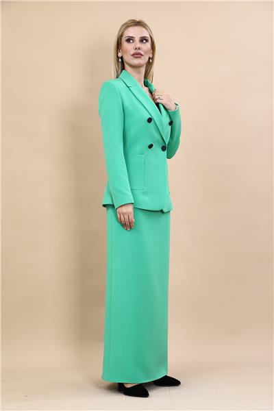 Erkek Yaka Torba Cepli Klasik Ceket &  Uzun Düz Dar Etek-Yeşil