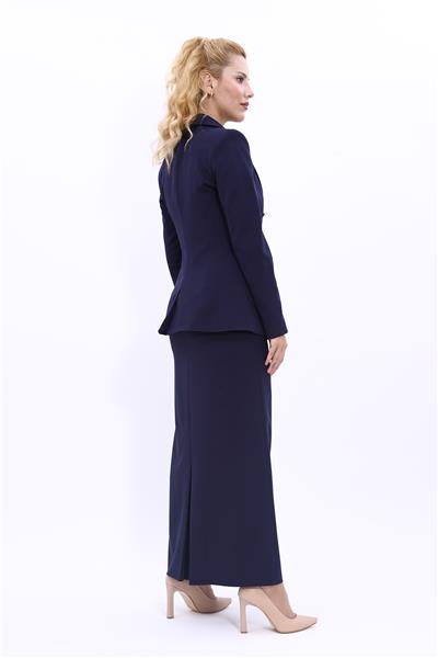 Erkek Yaka Torba Cepli Klasik Ceket &  Uzun Düz Dar Etek-Lacivert