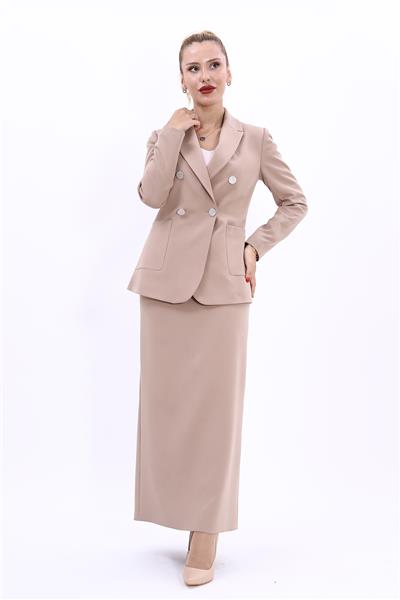 Erkek Yaka Torba Cepli Klasik Ceket &  Uzun Düz Dar Etek-Taş