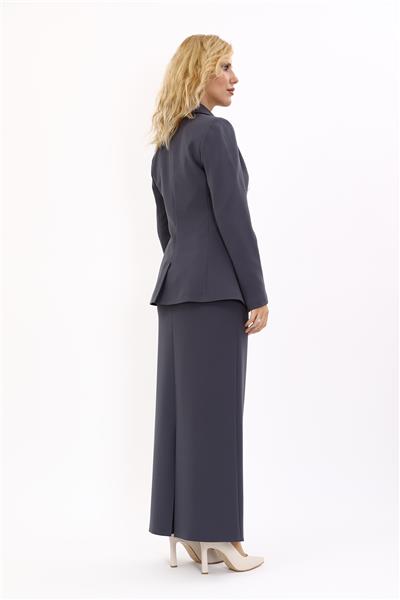 Erkek Yaka Torba Cepli Klasik Ceket &  Uzun Düz Dar Etek-Füme