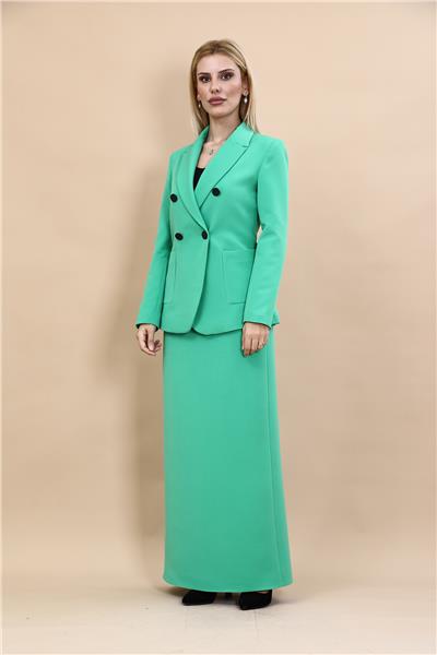 Erkek Yaka Torba Cepli Klasik Ceket &  Uzun Düz Dar Etek-Yeşil