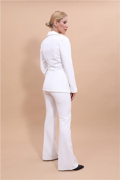 Erkek Yaka Yelek Ceket & İspanyol Paça Pantolon-Beyaz