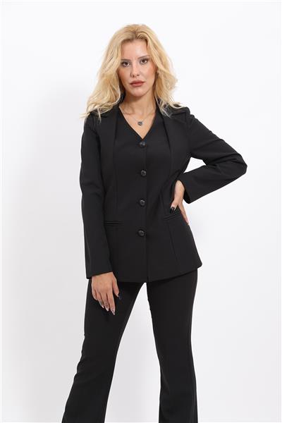 Erkek Yaka Yelek Ceket & İspanyol Paça Pantolon-Siyah