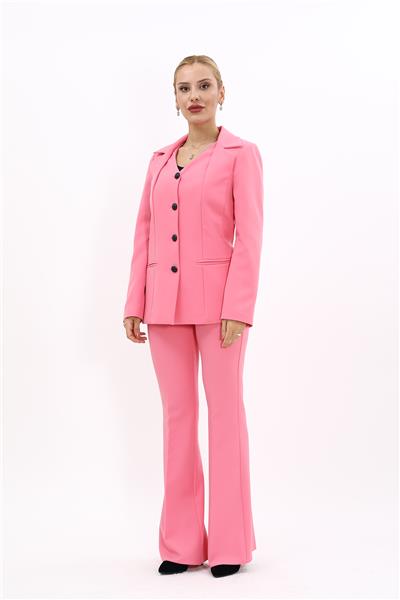 Erkek Yaka Yelek Ceket & İspanyol Paça Pantolon-Pembe