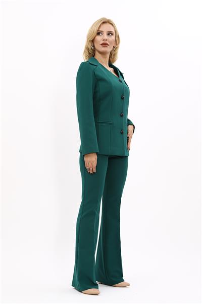 Erkek Yaka Yelek Ceket & İspanyol Paça Pantolon-Zümrüt