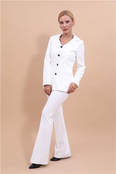 Erkek Yaka Yelek Ceket & İspanyol Paça Pantolon-Beyaz