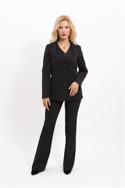 Erkek Yaka Yelek Ceket & İspanyol Paça Pantolon-Siyah