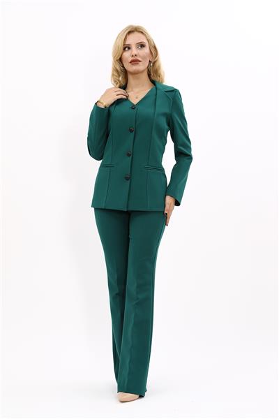Erkek Yaka Yelek Ceket & İspanyol Paça Pantolon-Zümrüt