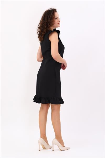 Fırfır Detaylı Cepli Rahat Kadın Elbise-Siyah