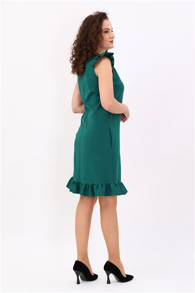 Fırfır Detaylı Cepli Rahat Kadın Elbise-Zümrüt