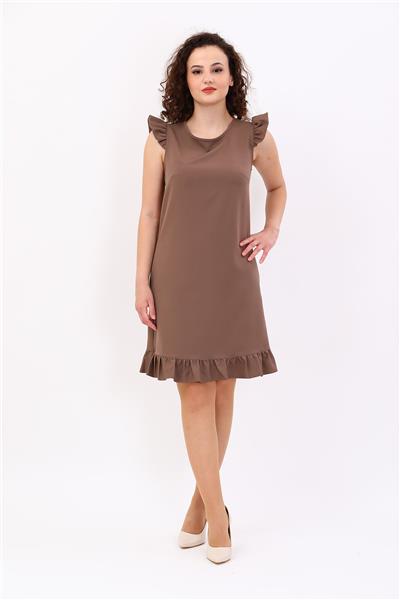 Fırfır Detaylı Cepli Rahat Kadın Elbise-Kahve