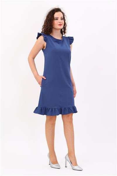 Fırfır Detaylı Cepli Rahat Kadın Elbise-İndigo