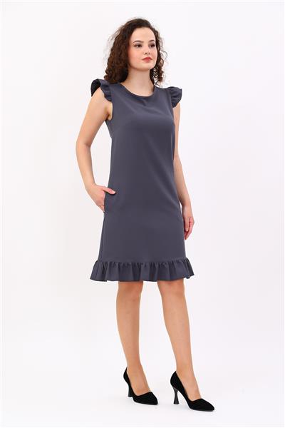 Fırfır Detaylı Cepli Rahat Kadın Elbise-Füme