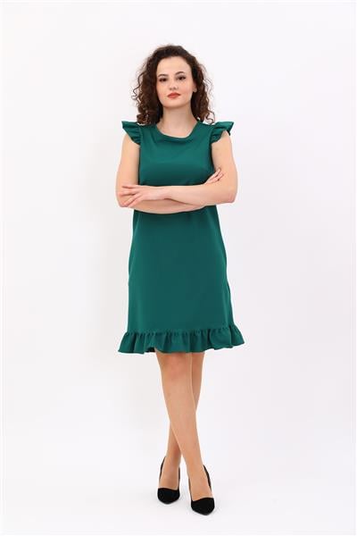 Fırfır Detaylı Cepli Rahat Kadın Elbise-Zümrüt