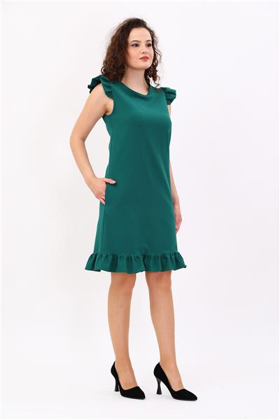 Fırfır Detaylı Cepli Rahat Kadın Elbise-Zümrüt
