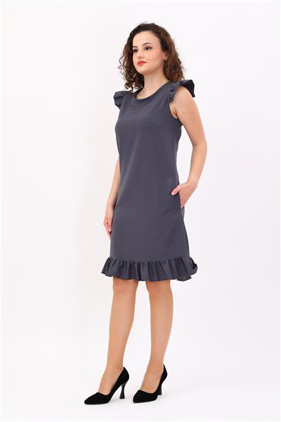 Fırfır Detaylı Cepli Rahat Kadın Elbise-Füme