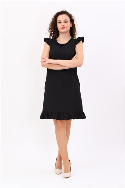 Fırfır Detaylı Cepli Rahat Kadın Elbise-Siyah