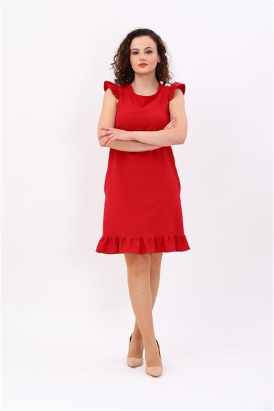 Fırfır Detaylı Cepli Rahat Kadın Elbise-Kırmızı