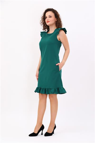 Fırfır Detaylı Cepli Rahat Kadın Elbise-Zümrüt