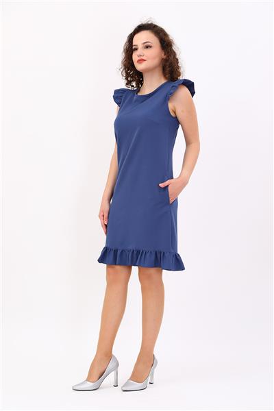 Fırfır Detaylı Cepli Rahat Kadın Elbise-İndigo