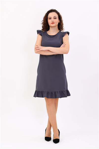 Fırfır Detaylı Cepli Rahat Kadın Elbise-Füme