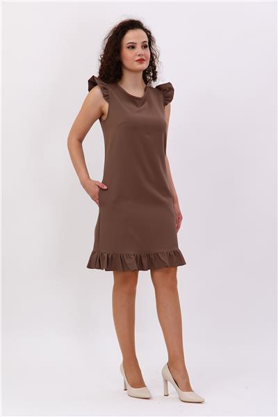 Fırfır Detaylı Cepli Rahat Kadın Elbise-Kahve