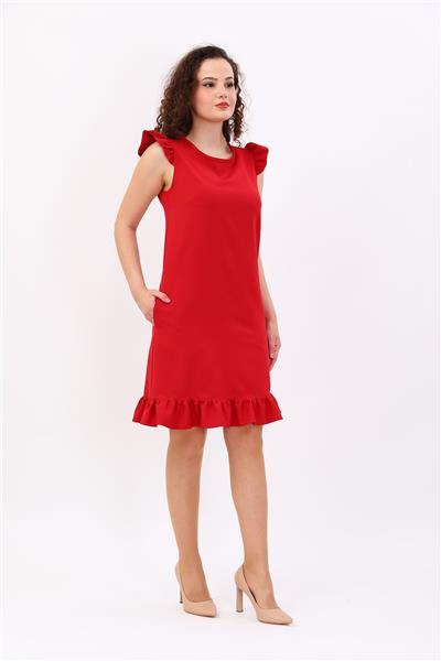 Fırfır Detaylı Cepli Rahat Kadın Elbise-Kırmızı