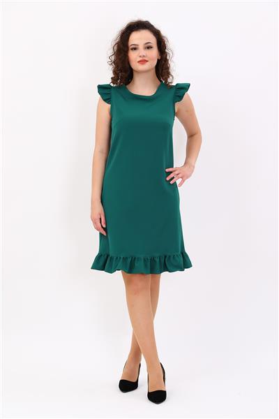 Fırfır Detaylı Cepli Rahat Kadın Elbise-Zümrüt