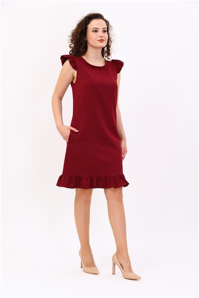Fırfır Detaylı Cepli Rahat Kadın Elbise-Bordo